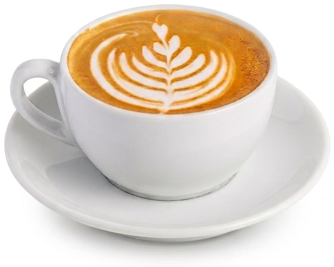 Cappuccino latte-kunstiga valges tassis alustassil